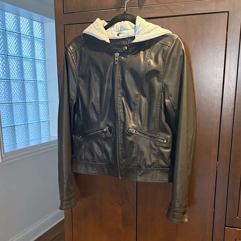 Blank NYC Faux Black Leather Jacket With Removable Hood